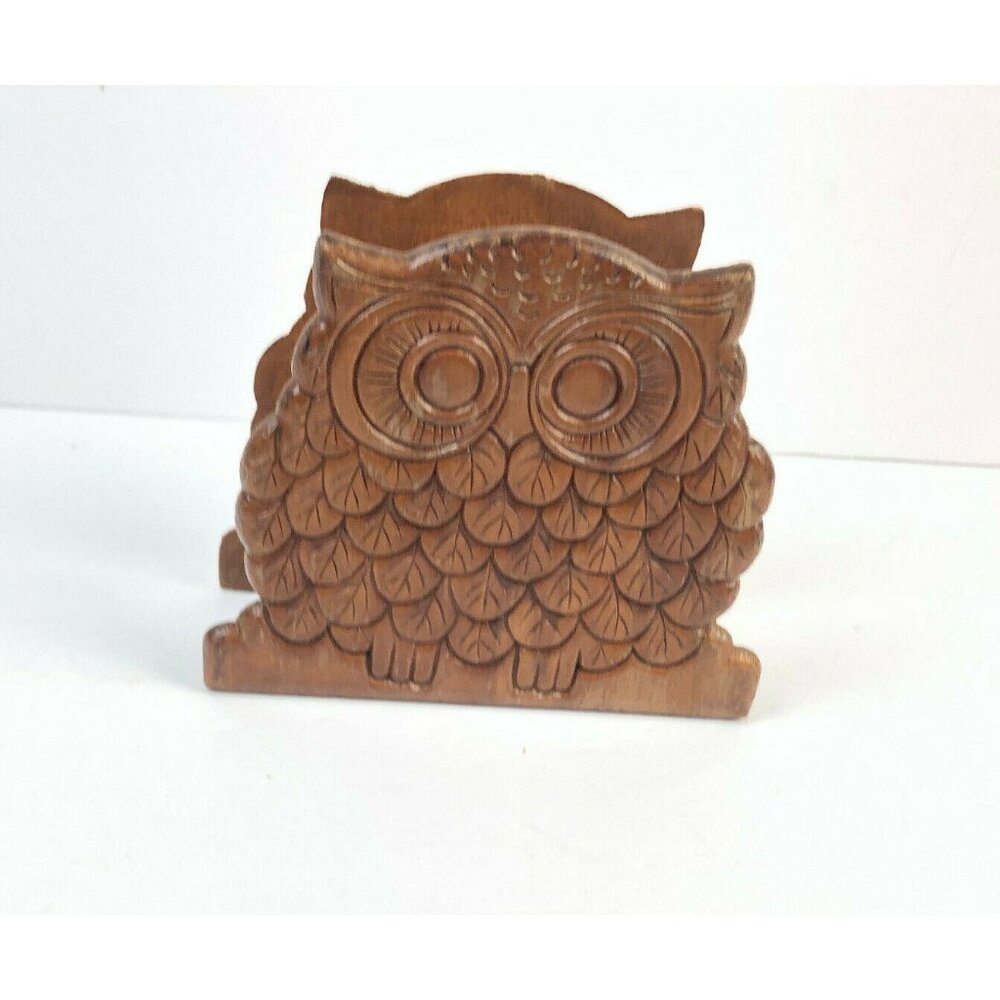 Napkin Mail Holder Kitchen Home Decor MCM Retro Kitschy Feathers Wood OWL